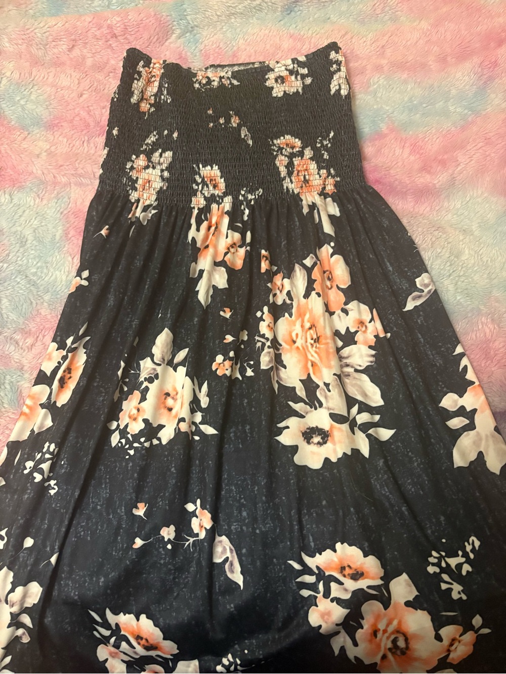 Women Black Floral Smocked Bodice Dress - Peach & White Flowers